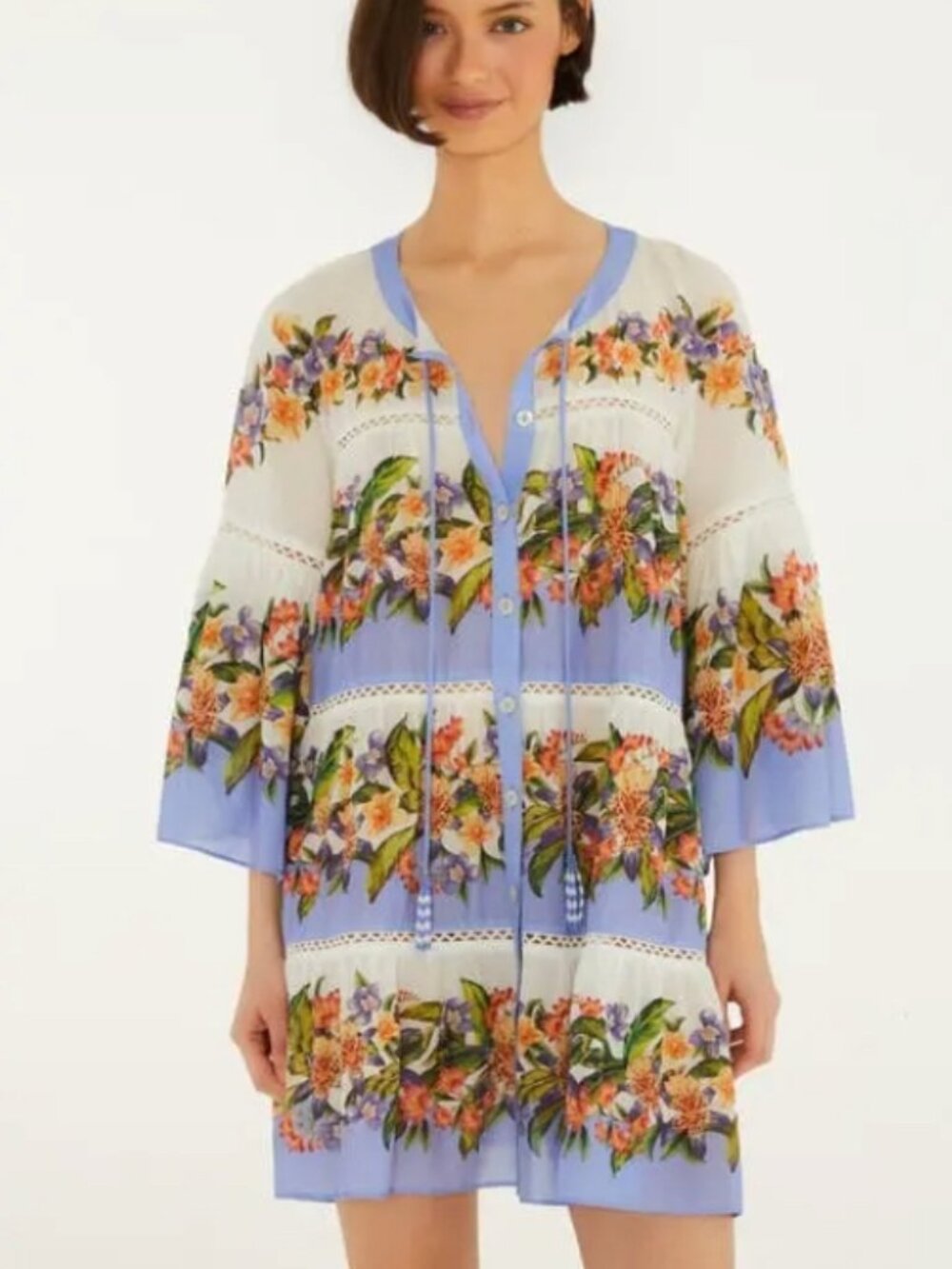 Farm Rio Light Blush Hilo Mini Dress Blue/Lavender/White Floral Small Cover-Up